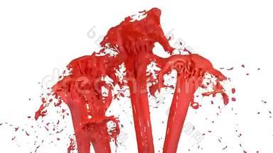美丽的喷泉喷出的液体像红色的油漆，喷泉与许多液体流上升高。 3D渲染非常高